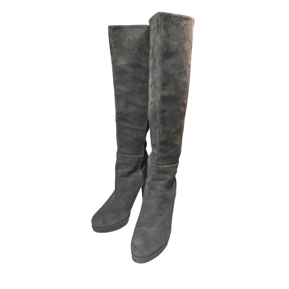 Stuart Weitzman Skyline Gray Black Suede Stretch Platform Boots Size 8.5M